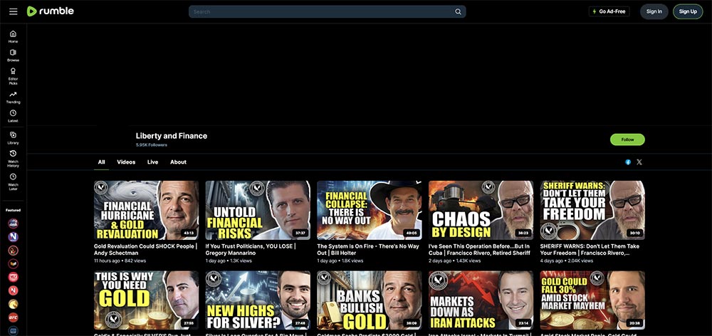 Liberty and Finance - Rumble Finance Investing video channel home page screenshot.