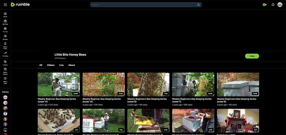 Little Bits Honey Bees - Beekeeping Rumble channel home page screenshot.