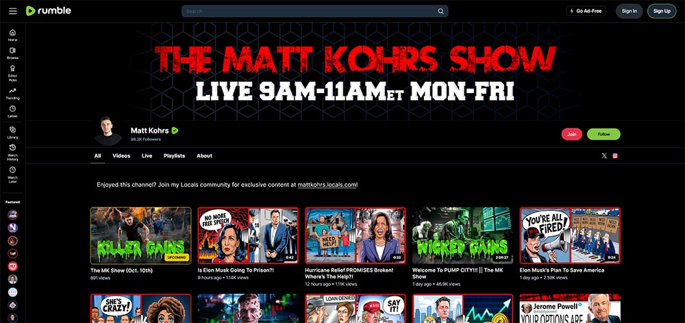 Matt Kohrs - Rumble Finance Investing video channel home page screenshot.