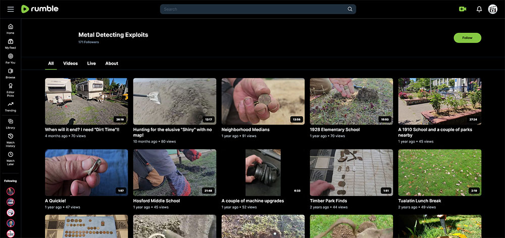 Metal Detecting Exploits - Rumble Metal Detecting video channel home page screenshot.