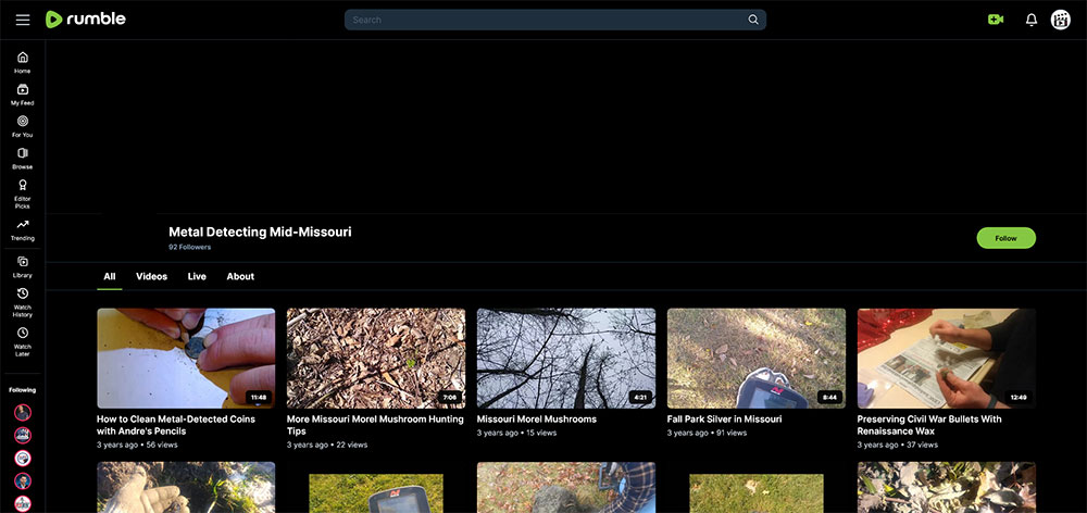 Metal Detecting Mid Missouri - Rumble Metal Detecting channel home page screenshot.