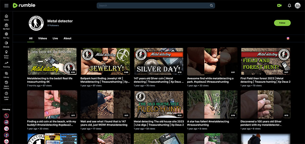 Metal detector - Rumble Metal Detecting channel home page screenshot.