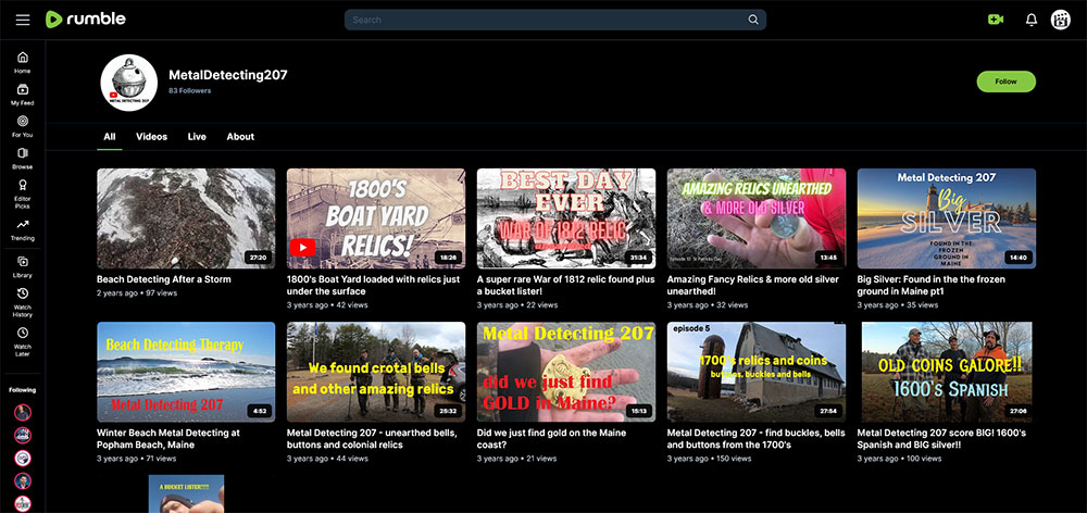 MetalDetecting207 - Rumble Metal Detecting video channel home page screenshot.