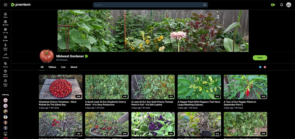 MidwestGardener - Rumble gardening channel home page screenshot.