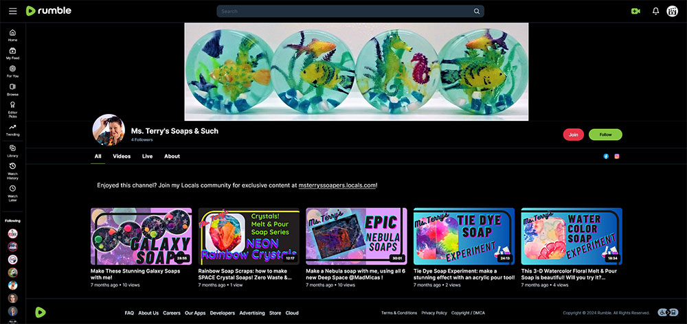Ms. Terry's Soaps & Such - Soap making Rumble channel home page screenshot.