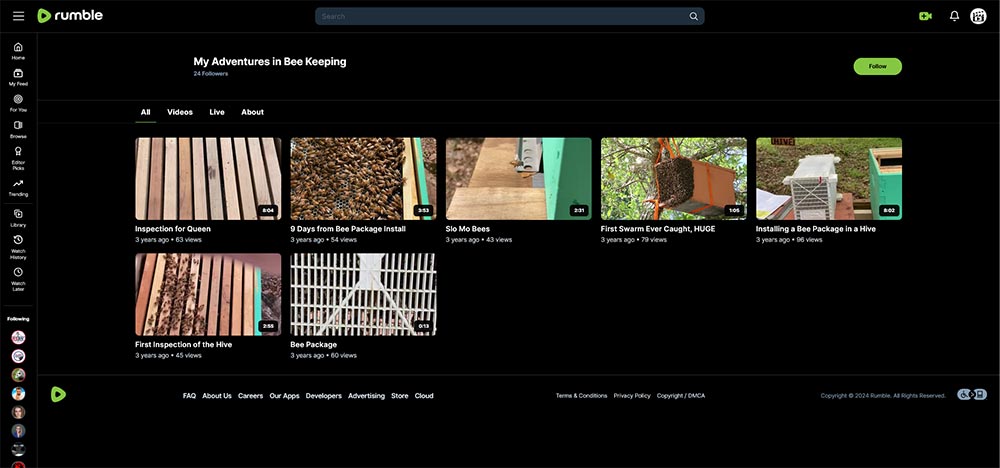 My Adventures in Bee Keeping - Beekeeping Rumble channel home page screenshot.