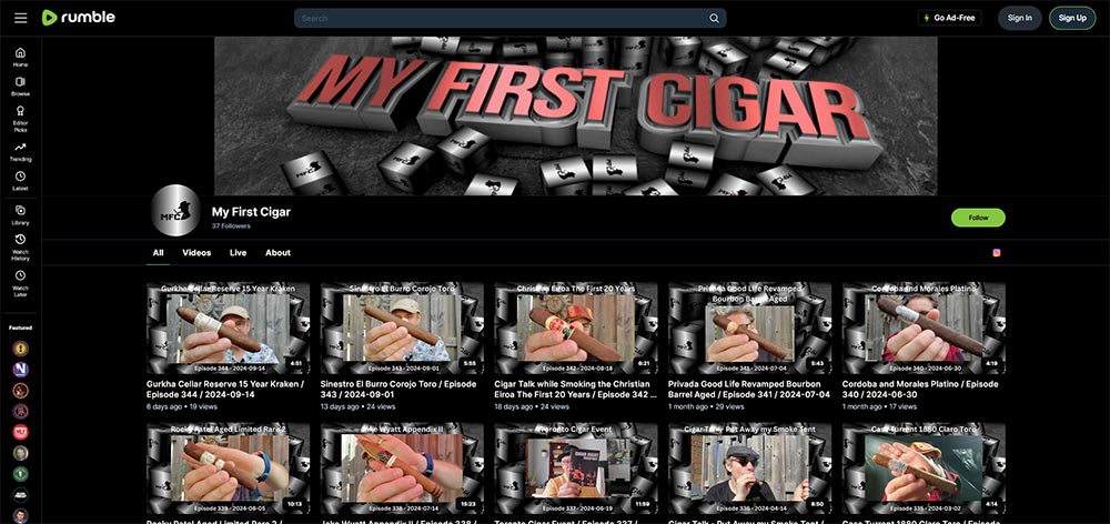 My First Cigar - Rumble Cigar video channel home page screenshot.
