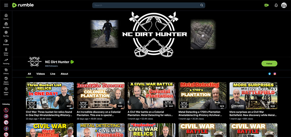 NC Dirt Hunter - Rumble Metal Detecting channel home page screenshot.
