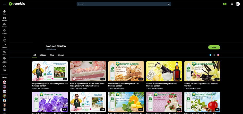 Natures Garden - Soap making Rumble channel home page screenshot.