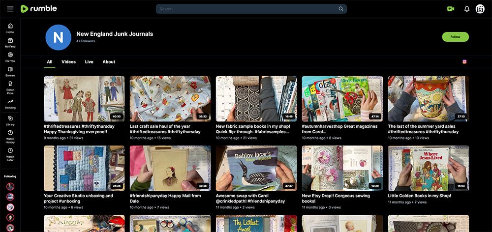 "New England Junk Journals" Rumble Junk Journaling video channel home page screenshot.