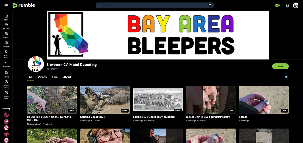Northern CA Metal Detecting - Rumble Metal Detecting video channel home page screenshot.