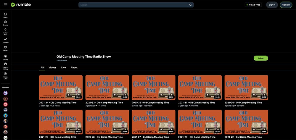 Old Camp Meeting Time Radio Show - Rumble Old Time Radio video channel home page screenshot.