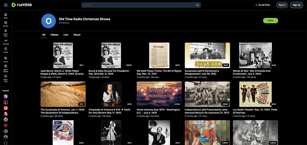 Old Time Radio Christmas Shows - Rumble Old Time Radio video channel home page screenshot