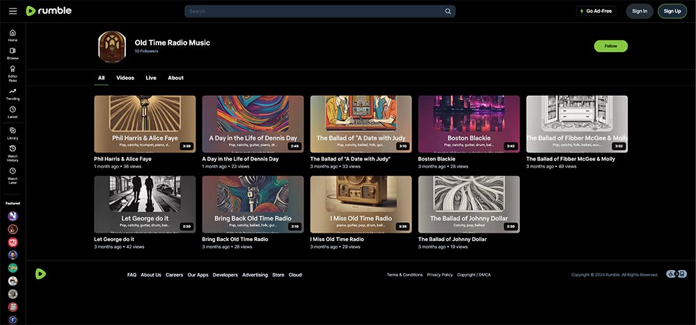Old Time Radio Music - Rumble Old Time Radio video channel home page screenshot.