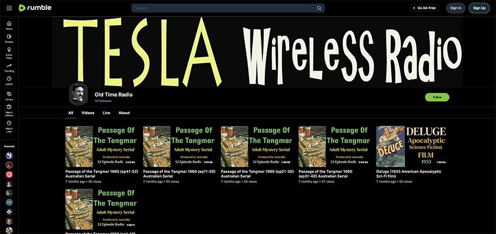 Old Time Radio - Rumble Old Time Radio video channel home page screenshot.