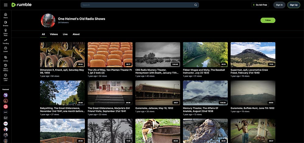 One Helmet's Old Radio Shows - Rumble Old Time Radio video channel home page screenshot.