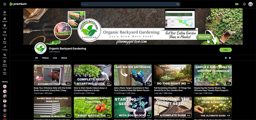 Organic Backyard Gardening - Rumble gardening channel home page screenshot.