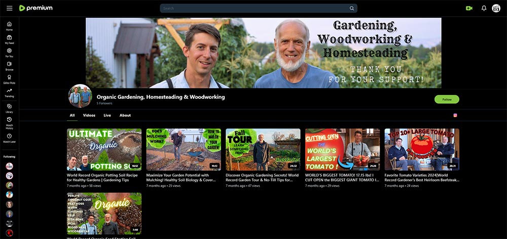Organic Gardening Homesteading & Woodworking - Rumble Gardening channel home page screenshot.