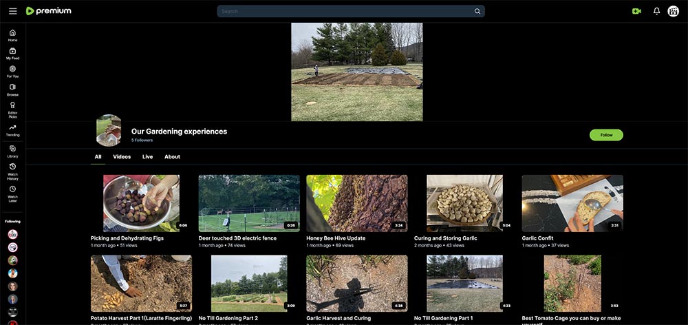 Our Gardening experiences - Rumble gardening channel home page screenshot.