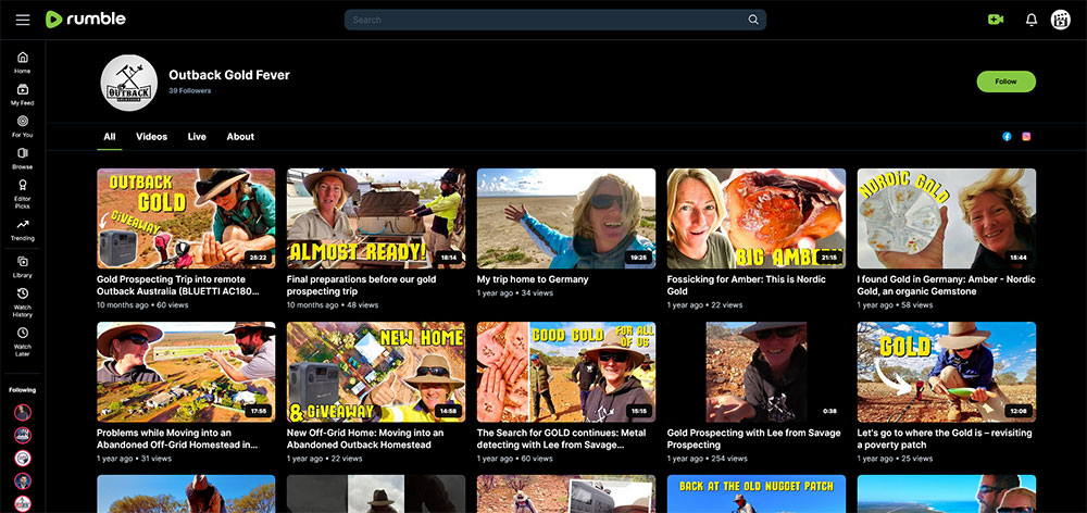 Outback Gold Fever - Rumble Metal Detecting channel home page screenshot.