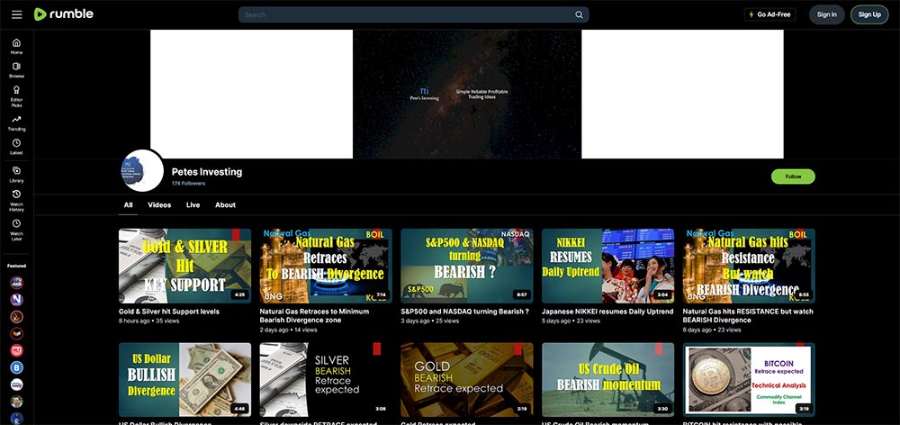 Petes Investing - Rumble Finance Investing video channel home page screenshot.