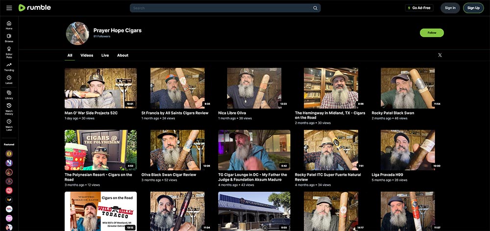 Prayer Hope Cigars - Rumble Cigar video channel home page screenshot.