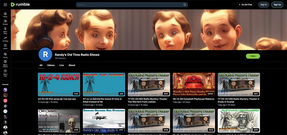 Randy's Old Time Radio Shows - Rumble Old Time Radio video channel home page screenshot.
