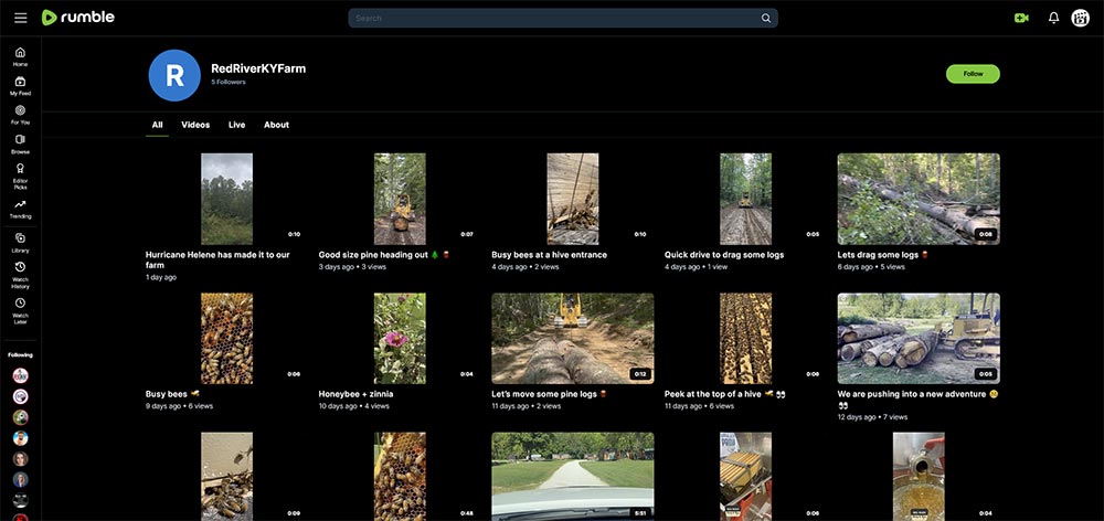 RedRiverKYFarm - Beekeeping Rumble channel home page screenshot.