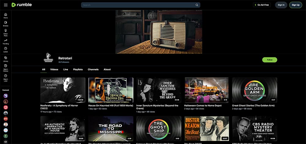 Retrotari - Rumble Old Time Radio video channel home page screenshot.