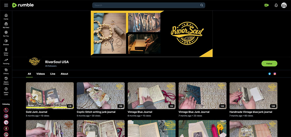"RiverSoul USA" Rumble Junk Journaling video channel home page screenshot.
