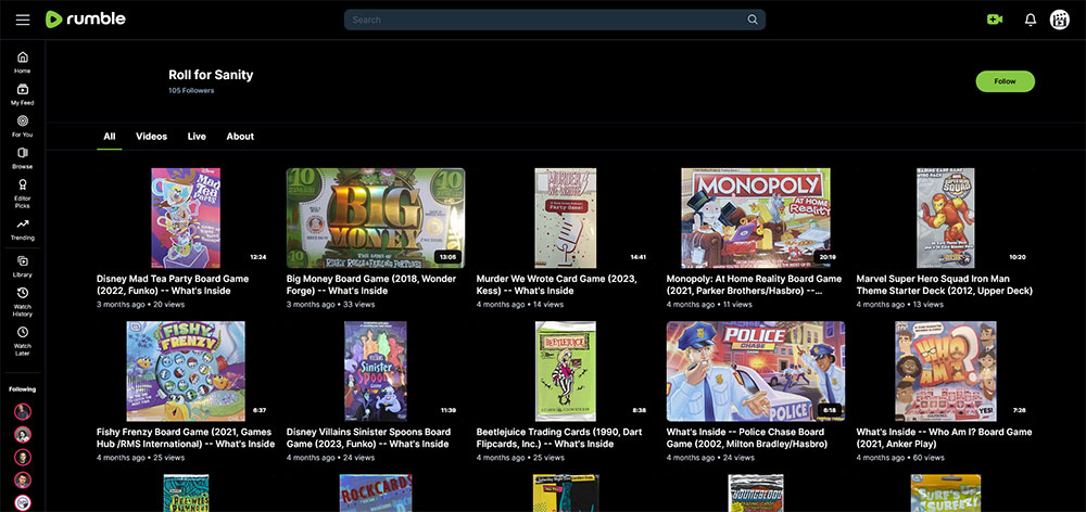 "Roll for Sanity" Rumble Board Games video channel home page screenshot.