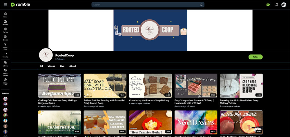 RootedCoop - Soap making Rumble channel home page screenshot.