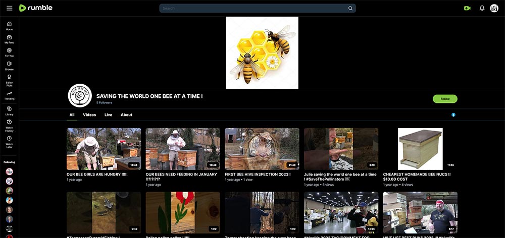 SAVING THE WORLD ONE BEE AT A TIME! - Beekeeping Rumble channel home page screenshot.