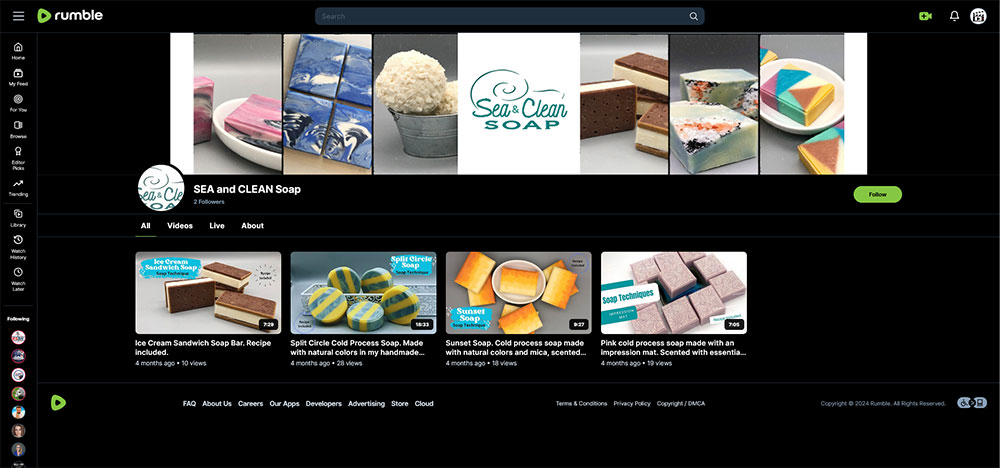 SEA and CLEAN Soap - Soap making Rumble channel home page screenshot.