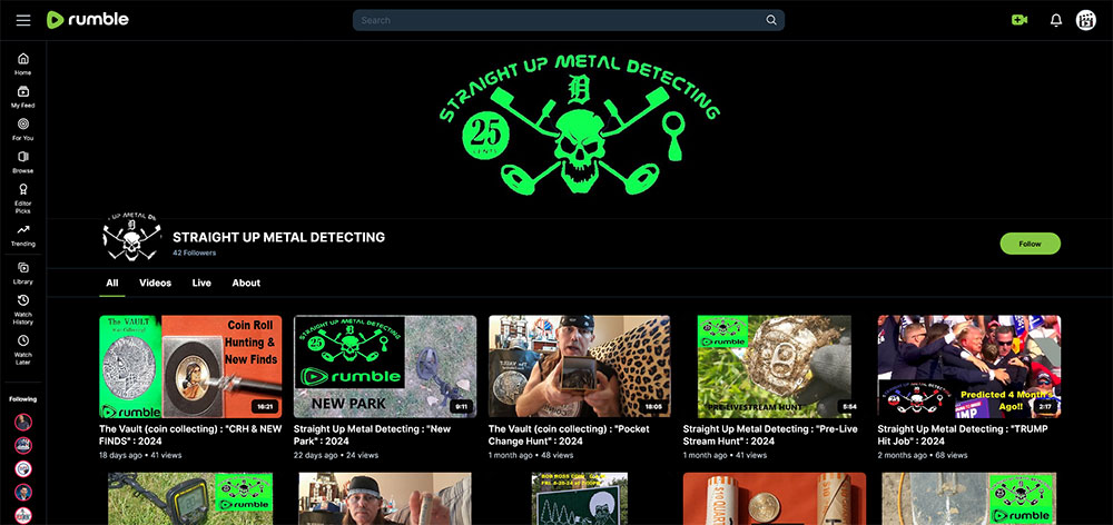 STRAIGHT UP METAL DETECTING - Rumble Metal Detecting channel home page screenshot.