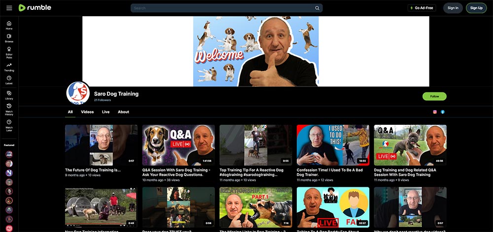 Saro Dog Training - Rumble Dog Training video channel home page screenshot.