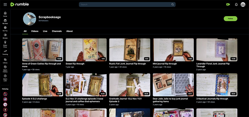 "Scrapbooksage" Rumble Junk Journaling video channel home page screenshot.
