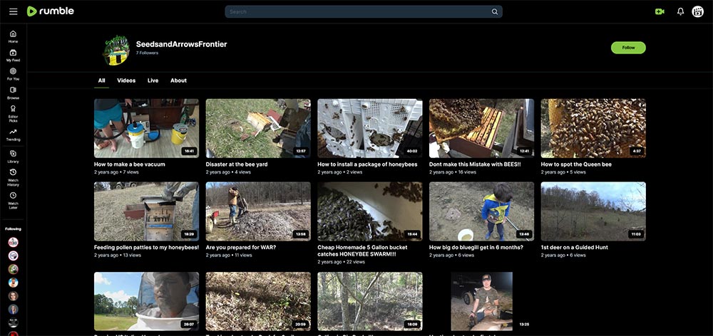 SeedsandArrowsFrontier - Beekeeping Rumble channel home page screenshot.