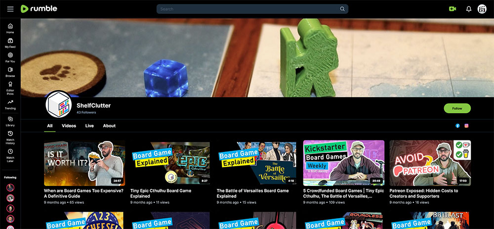"ShelfClutter" Rumble Board Games video channel home page screenshot.