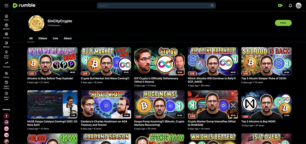 SinCityCrypto - Rumble Cryptocurrency Bitcoin video channel home page screenshot.
