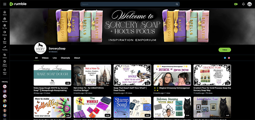 SorcerySoap - Soap making Rumble channel home page screenshot.