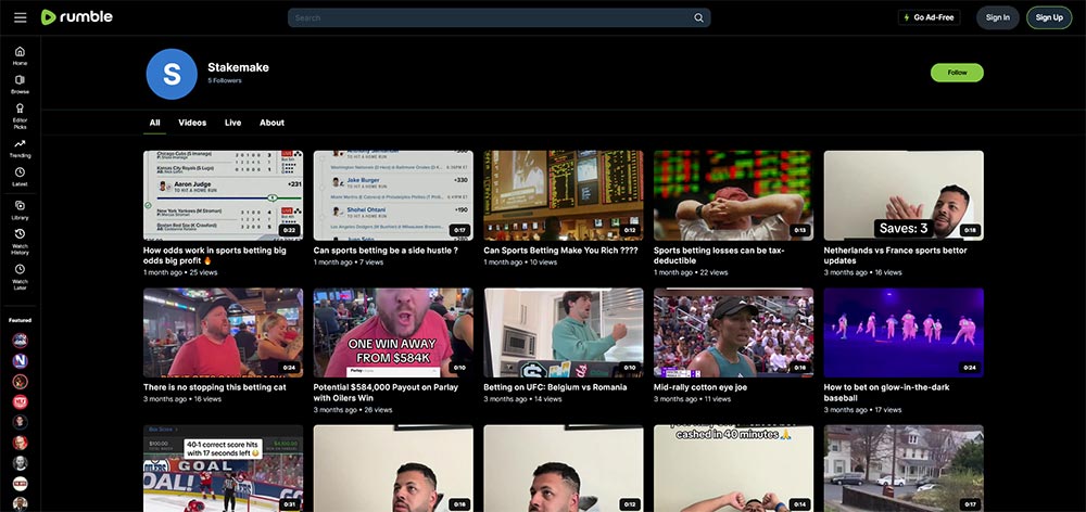 Stakemake - Rumble Sports Betting video channel home page screenshot.