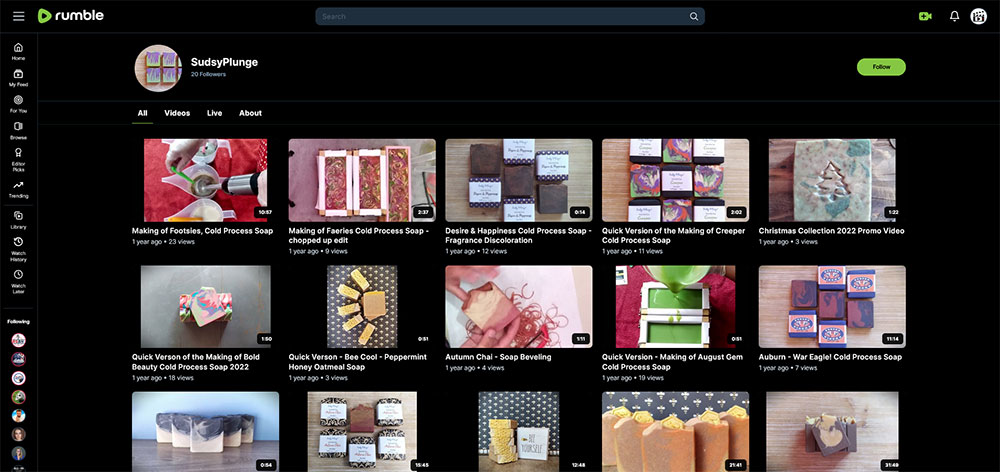 SudsyPlunge - Soap making Rumble channel home page screenshot.
