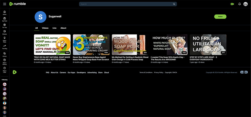 Sugarwell - Soap making Rumble channel home page screenshot.