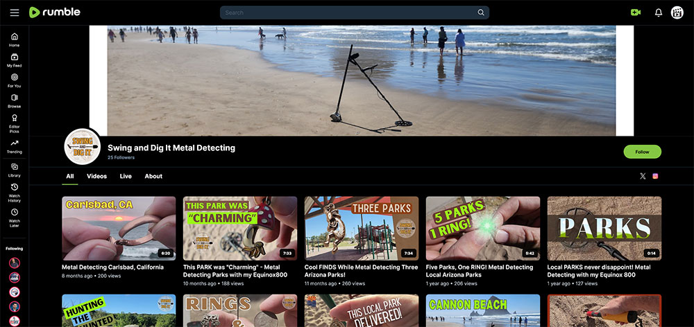 Swing and Dig It Metal Detecting - Rumble Metal Detecting channel home page screenshot.