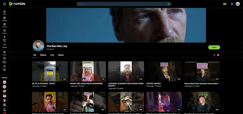 The Bee Man Jay - Beekeeping Rumble channel home page screenshot.