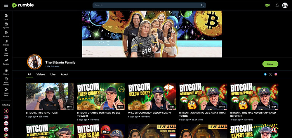 The Bitcoin Family - Rumble Cryptocurrency Bitcoin video channel home page screenshot.