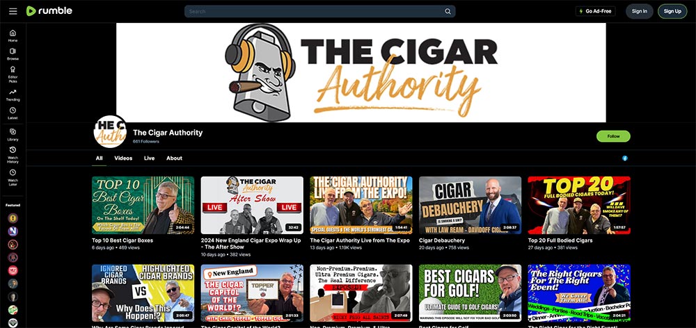 The Cigar Authority - Rumble Cigar video channel home page screenshot.