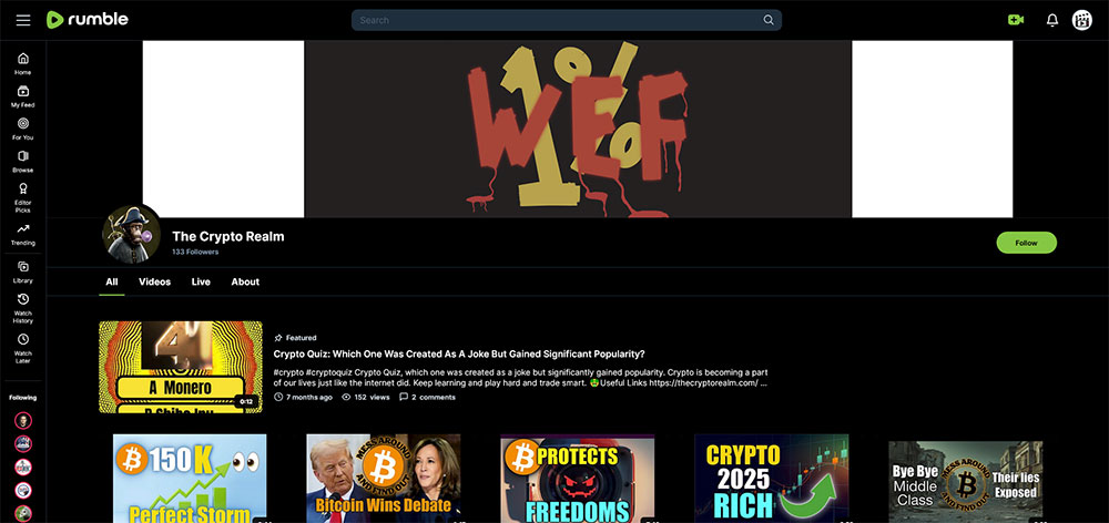 The Crypto Realm - Rumble Cryptocurrency Bitcoin video channel home page screenshot.