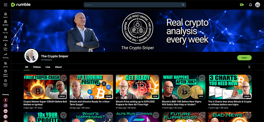 The Crypto Sniper - Rumble Cryptocurrency Bitcoin video channel home page screenshot.